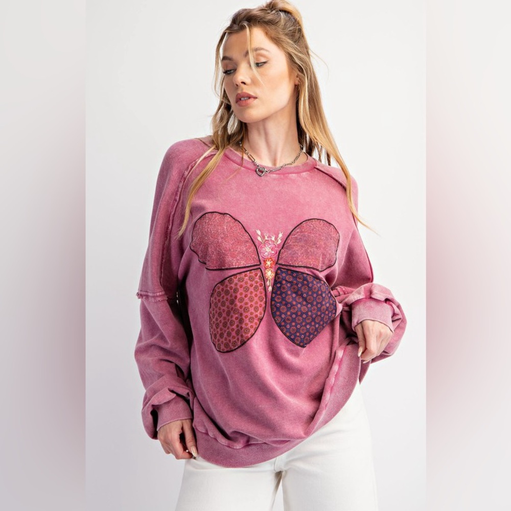 77. LAST 1! Easel Pink Sweatshirt Embroidered Applique Flower Patch Butterfly - Picture 5 of 5